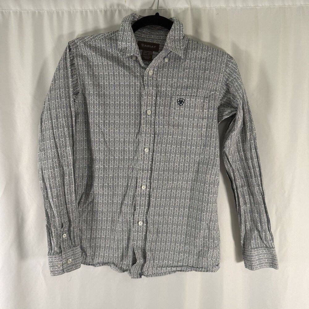 ARIAT Dress Shirt Boys Large White Black Print Long Sleeve Button Up 100% Cotton
